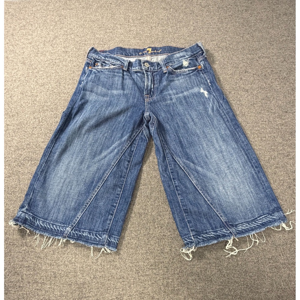 7 For All Mankind Jean Shorts Womens 27 Blue Denim Frayed Hem 5-Pocket Stretch